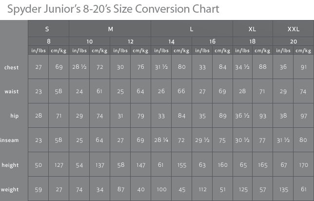 Spyder Youth Size Chart