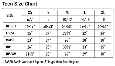 Teenage Size Chart
